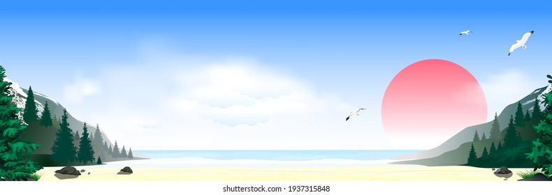 Seascape. Sea, sandy shore. Mountains and trees. Sky with clouds and sun. Sea coast.