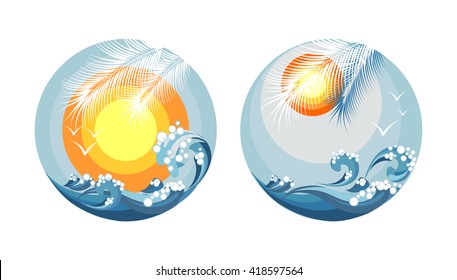seascape, sea, sky, sun, vector illustration, logo in a circle