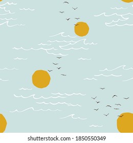 Seascape, sea and sun, wave, summer sign with seagulls.  Seamless pattern. Minimalist style.