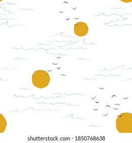 Seascape, sea and sun, wave, summer sign with seagulls.  Seamless pattern. Minimalist style.