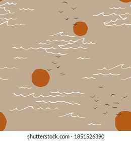 Seascape, sea and sun, wave, summer sign with seagulls.  Seamless pattern. Minimalist style.