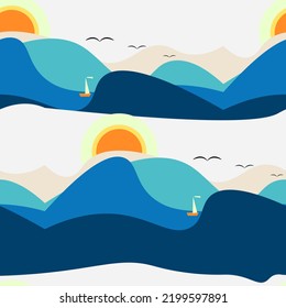 seascape. sea waves, sailboat, sun, seagulls. seamless vector pattern of high quality. textiles,wallpaper,design for your project.