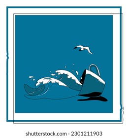 Seascape with a seagull. Sea waves. Vacation time. Morning coffee. Flat vector illustration 
