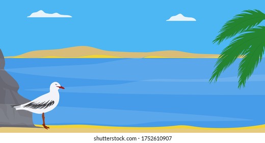 Seascape, a seagull stands on a sandy shore - island, rock, palm tree branch - blue background - vector. Tourist banner. Travel.