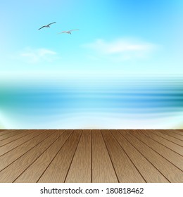 Seascape with seagulls. Empty wooden deck over blue sea and sky background