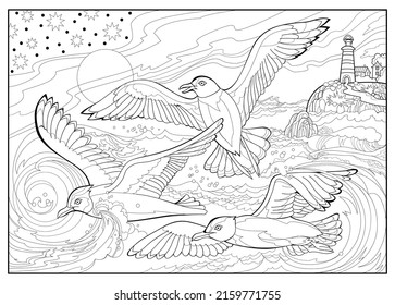 El paisaje marino con gaviotas que vuelan entre las olas. Libro de Colores para niños y adultos. Imagen de estilo zen-tangle. Página imprimible para dibujar y meditar. Ilustración vectorial en blanco y negro.