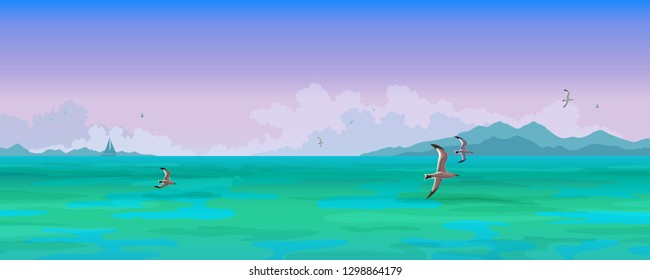 Seascape, seagulls flying over blue ocean. Mountains and clouds in the background. Stock vector illustration.