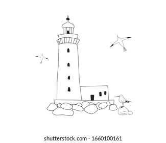 Seascape with seagulls and lighthouse. Black and white hand drawn image sea and lighthouse.