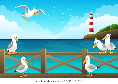 Seascape with seagulls on the wooden pier. Red and white lighthouse on rocks and ocean background. Vector illustration