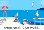 Seascape with seagulls, sailboat pier on sea coast vector illustration. Seaside holiday vacation travel poster background. Ocean bay scenic view of seabirds, yachts, sailing boats flat minimal design