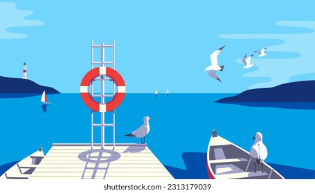 Seascape with seagulls, sailboat pier on sea coast vector illustration. Seaside holiday vacation travel poster background. Ocean bay scenic view of seabirds, yachts, sailing boats flat minimal design