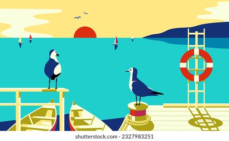 Capa de mar con gaviotas, muelle de velero en la ilustración vectorial de la costa marina. Fondo de afiches de viajes de vacaciones en la playa. Vista panorámica de la bahía oceánica de aves marinas, yates, veleros diseño plano mínimo