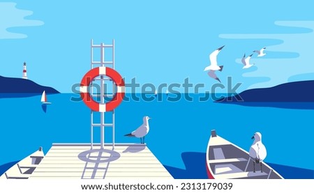 Seascape with seagulls, sailboat pier on sea coast vector illustration. Seaside holiday vacation travel poster background. Ocean bay scenic view of seabirds, yachts, sailing boats flat minimal design