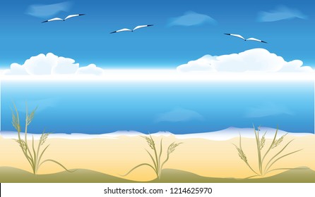 Seascape - seagulls, sky, large clouds on the horizon, sandy coast - illustration, vector