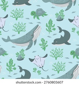 Seascape seamless pattern with seaturtle, whale, stingray,dolphin and small fish. Cartoon underwater animals characters on blue background with seaweed. Cute vector print on fabric and paper.