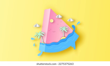 Resumen del diseño del mar de verano en forma de rodaja de sandía. El diseño de las islas del mar en la sandía. Diseño gráfico para el verano. corte de papel y estilo artesanal. vector, ilustración.