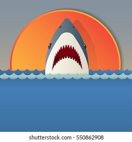 seascape with Shark open jaws and sharp teeth. Vector illustration