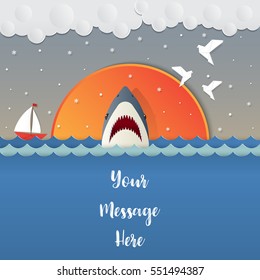 seascape with Shark open jaws and sharp teeth. Vector illustration