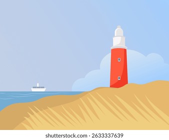 Seascape with ship and red lighthouse