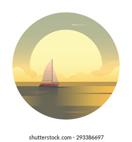 Seascape with a ship. Vector illustration.