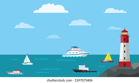 Seascape with ships and a lighthouse on a hill. Vector illustration of the sea with ships and a lighthouse. Vector.