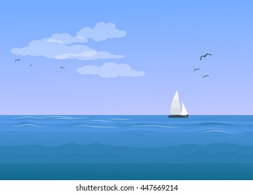 Seascape with the ship.Vector  illustration.
