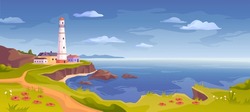 Seascape With Shore And Rocks, Lighthouse Or Beacon And Architecture. Ocean And Water Landscape With Searchlight In Island By Sea. Vector In Flat Style