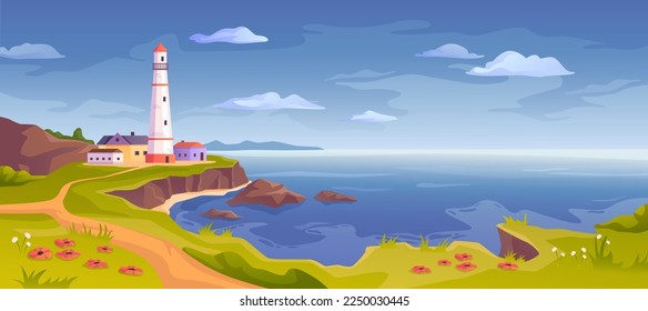 Seascape with shore and rocks, lighthouse or beacon and architecture. Ocean and water landscape with searchlight in island by sea. Vector in flat style