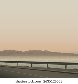 Seascape with silhouette coastal road at sunset have mountain ranges far away square background graphic illustration.