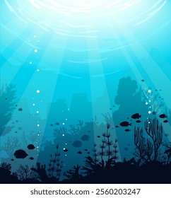 Seascape with silhouette of coral reef and school of fish on a blue ocean background. Vector illustration with underwater nature.  Flora and fauna of sea.