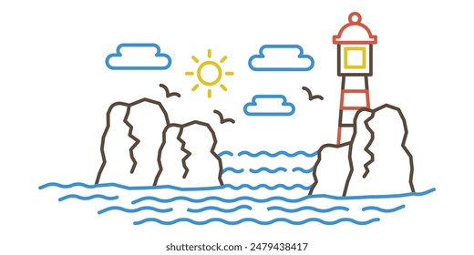 Seascape with silhouette of lighthouse on rocks, seagulls flying above waves, line icon vector illustration