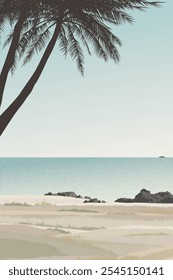 Seascape with silhouette palm trees at the cliff have blue sky vertical background graphic illustration.