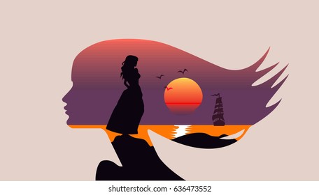 Seascape in silhouette, woman face profile, double exposure, sea, sunset, sailboat, vector. Romance, hair flowing in wind. Girl in an ancient dress on stone, sea, ocean, waiting for love.