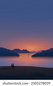 Paisaje marino con silueta de amante en el acantilado, las montañas, la isla y el bote de pesca tienen la ilustración gráfica de fondo de Vertical del cielo crepuscular tienen espacio en blanco.