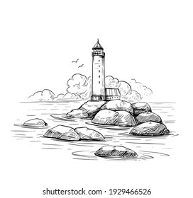 Seascape sketch. Lighthouse, sea, rocks. Hand drawn illustration converted to vector. Black outline on transparent background