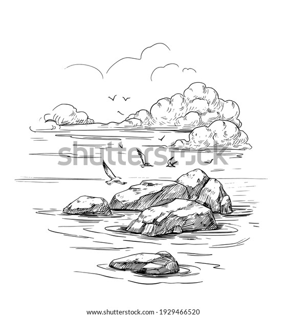 Seascape sketch. Sea, rocks, seagulls,\
landscape. Hand drawn illustration converted to vector. Black\
outline on transparent\
background