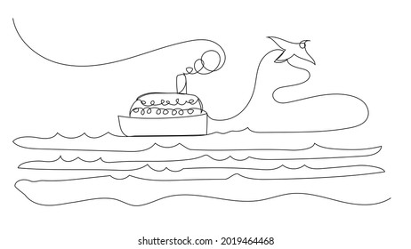Seascape with a steamer and a seagull in one line on a white background. Tourist cruise.