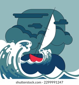 Seascape with a storm. The boat is covered by waves vector