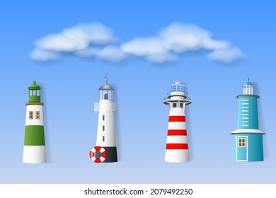 Seascape. Striped lighthouses on the cloudy sky background. Set of color realistic lighthouses