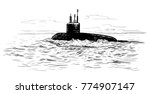 Seascape with a submarine. A hand-drawn vector sketch.