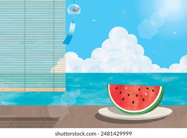 Seascape of sudare, watermelon and wind chimes in summer