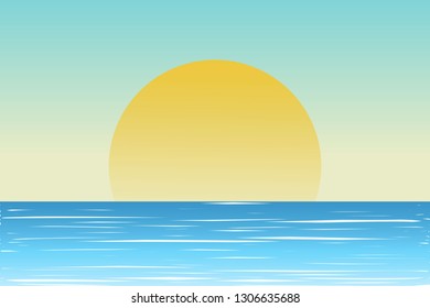 Seascape Summer background. Rising sun. Ocean view. Vector illustration.