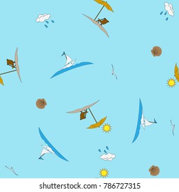 Seascape summer beach, sun umbrella, beach bed. A yacht floating on the waves and a gull flying in the sky. Vector illustrations.