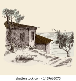 Seascape in summer sunny hot day. Old houses with a tin roof and trees on the beach. Hand sketch in vector.