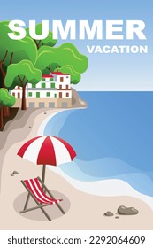 Seascape. Summer vacation. Beach chair and umbrella on the beach. Vacation and travel concept.