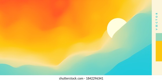 Seascape with sun. Sunset.  Can be used as a greeting card. Vector illustration.