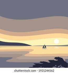 Seascape. Sunrise and a yacht sailing in the distance. Background vector illustration.