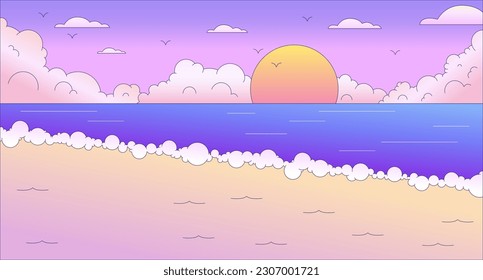 Seascape sunset lo fi chill wallpaper. Sunrise ocean waves. Ocean coast. Sun and sand 2D vector cartoon landscape illustration, vaporwave background. 80s retro album art, synthwave aesthetics