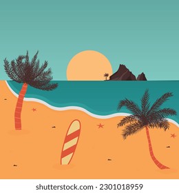 El paisaje marino. Atardecer en una playa tropical. Ilustración del vector