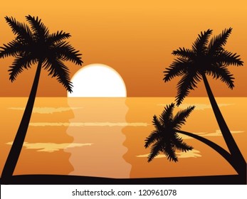 Seascape at sunset with palm trees in the foreground